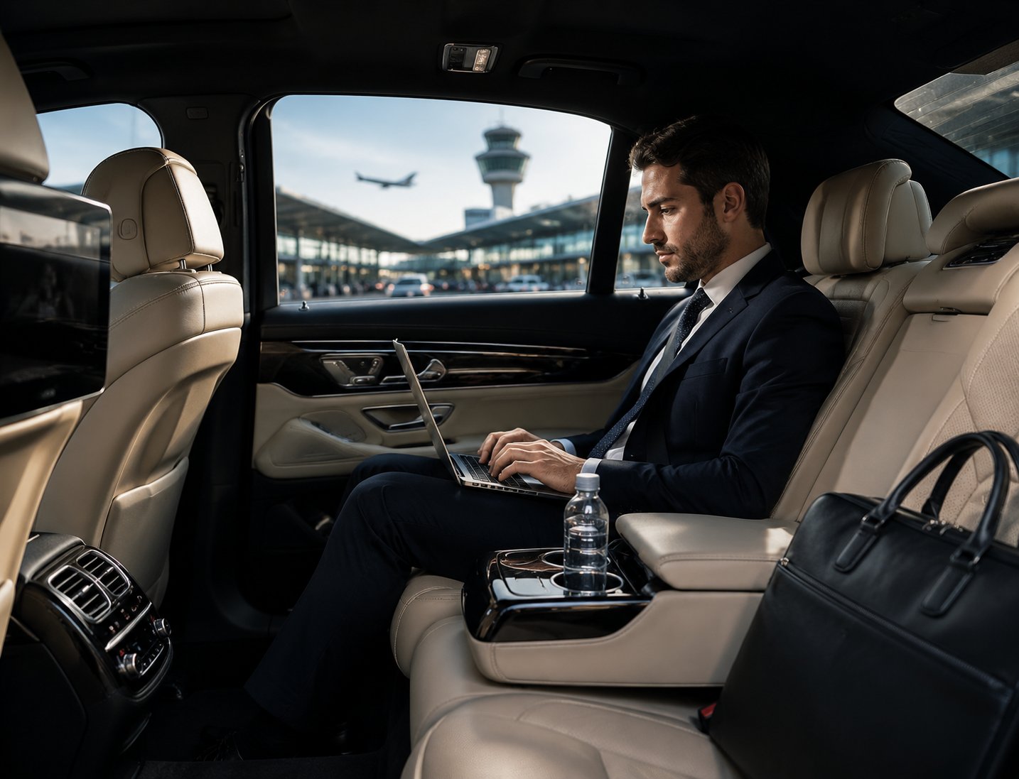 Luxury chauffeur vehicle interior for airport transfers