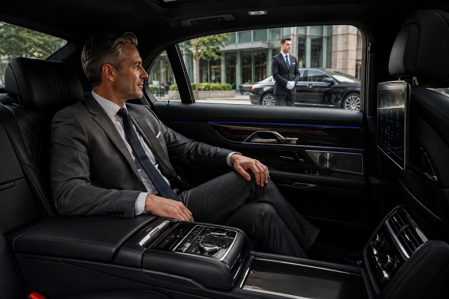 Business executive transportation with luxury vehicle interior