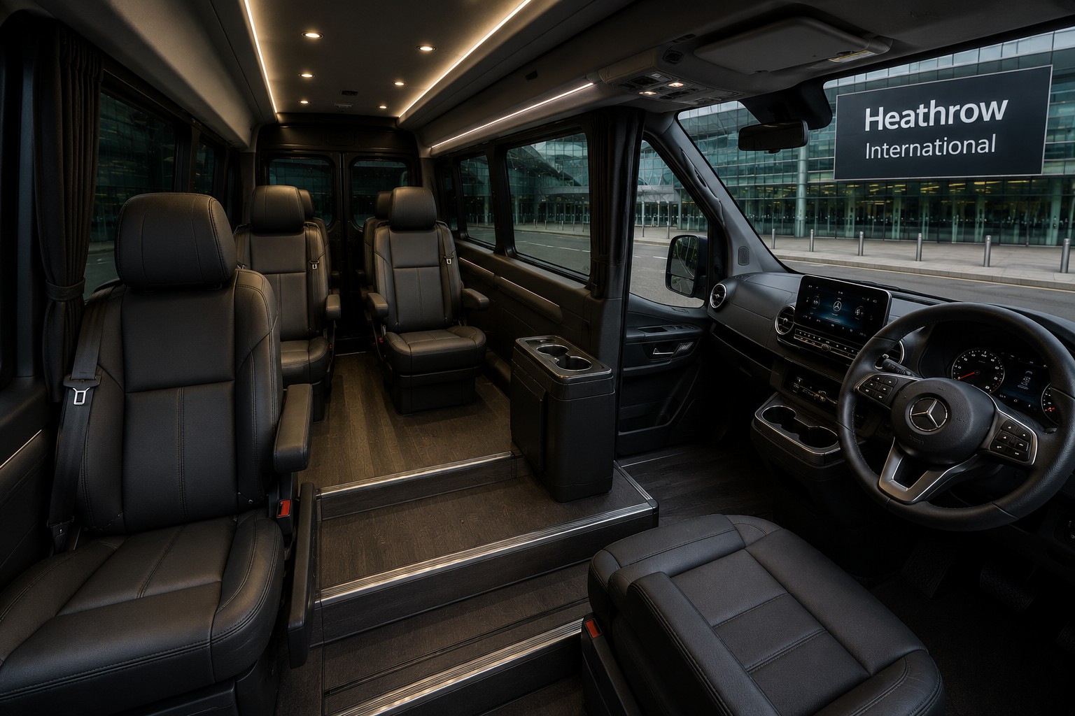 Luxury airport transfer vehicle interior with premium seating